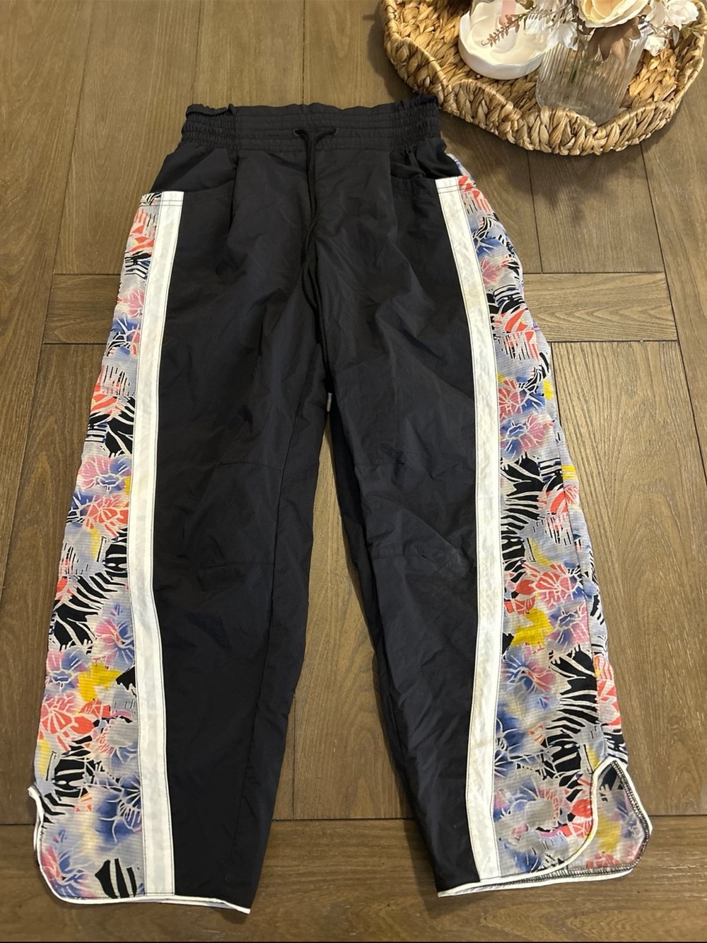 Free People Black Track Pants with Floral Side Panels